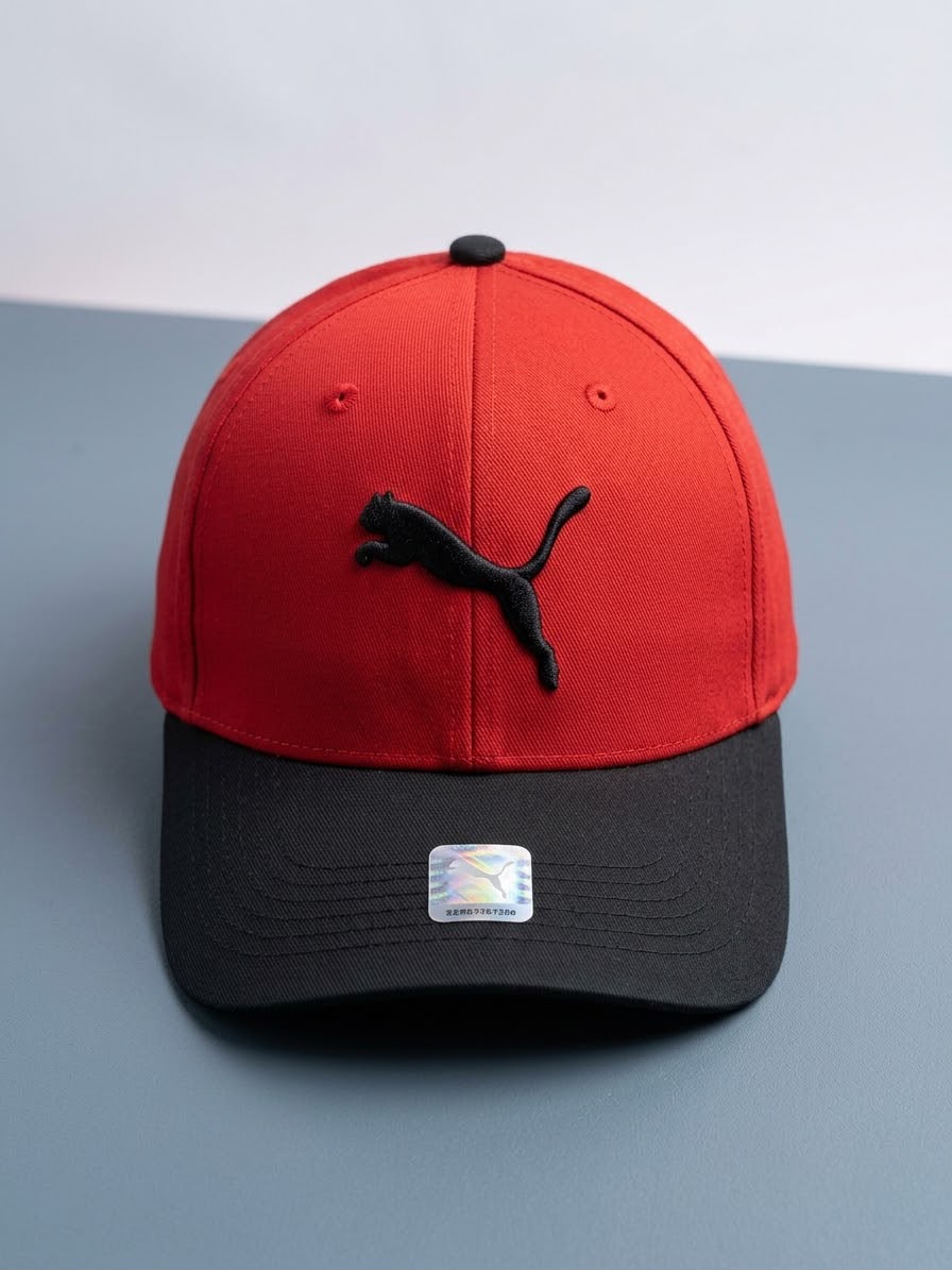 Puma 3D Black Cat Embroidered Cotton Baseball Cap – Dual Tone Red & Black