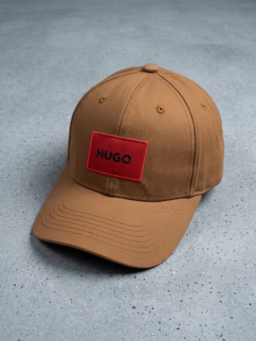 Premium Camel Brown HUGO Red Patch Baseball Cap for Men